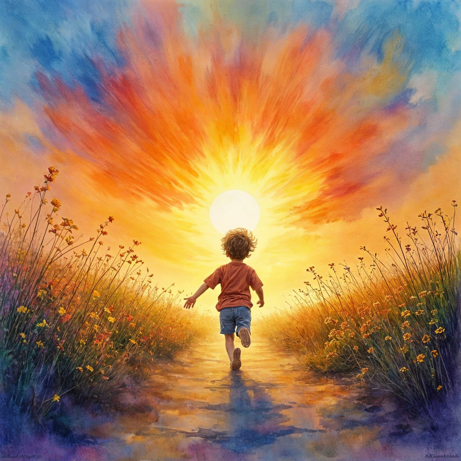 Joyful Boy Running Towards Ethereal Sunset in Watercolor Sty...