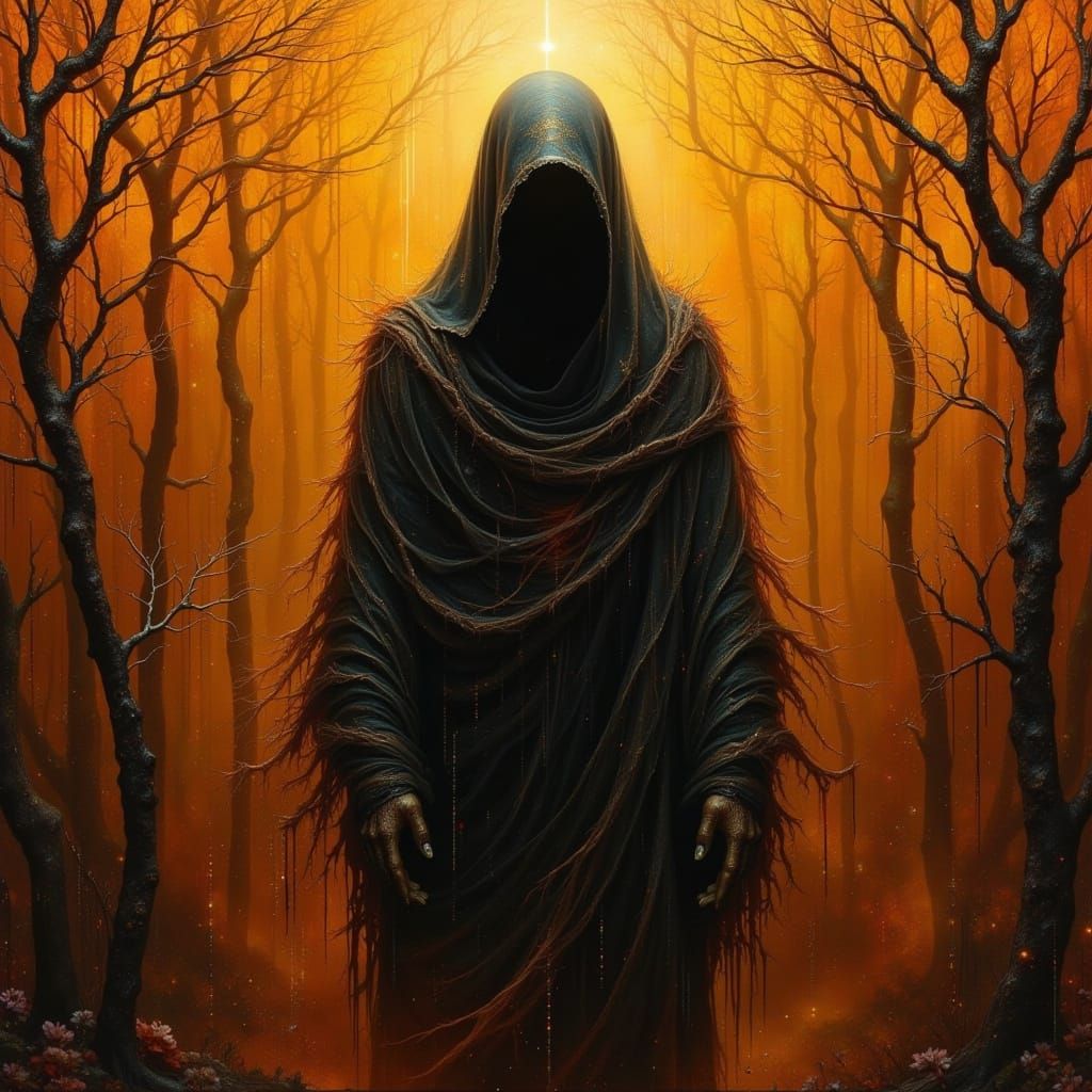 Mysterious Fae Figure in Dark Ochre Landscape