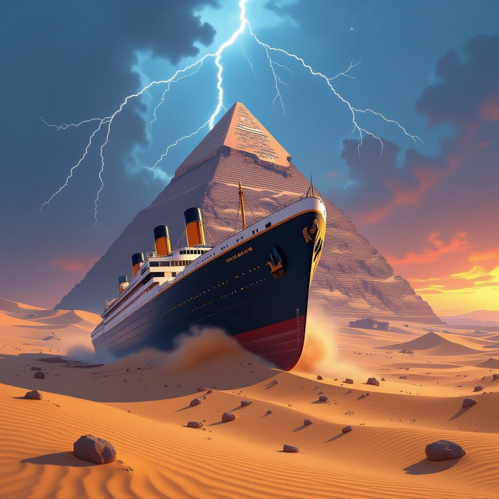 Titanic Crashes Pyramid in Sahara Desert with Cinematic Ligh...