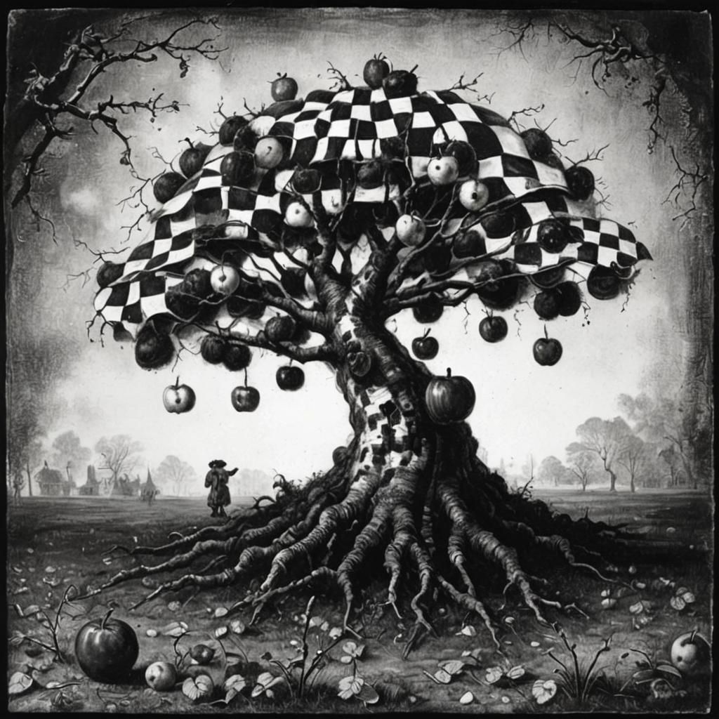 Checkered Apples on Autumn Tree, Surreal Art