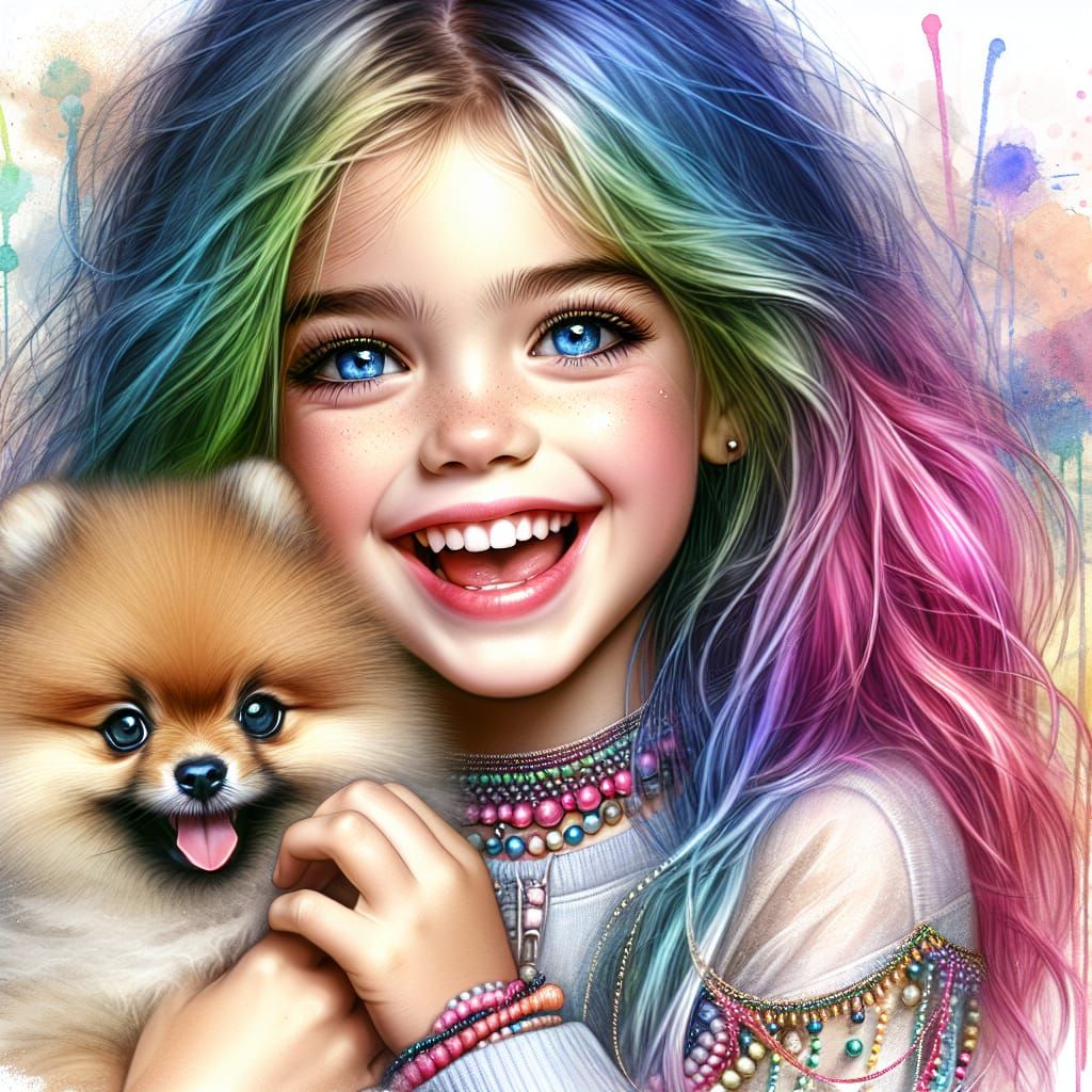 Vibrant Girl Hugs Fluffy Pomeranian in Fashion Magazine Cove...