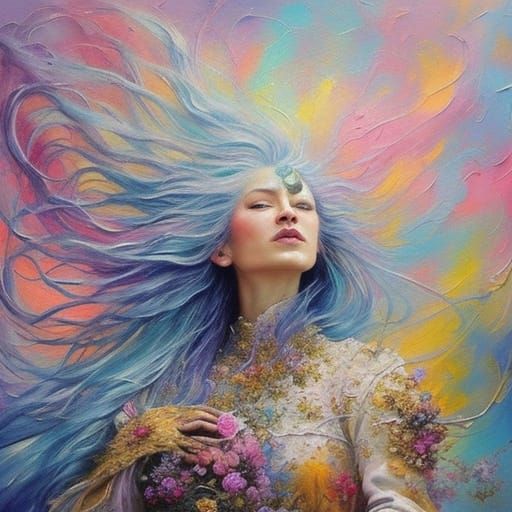 Surreal Woman Blossoming with Flowers in Oil Painting