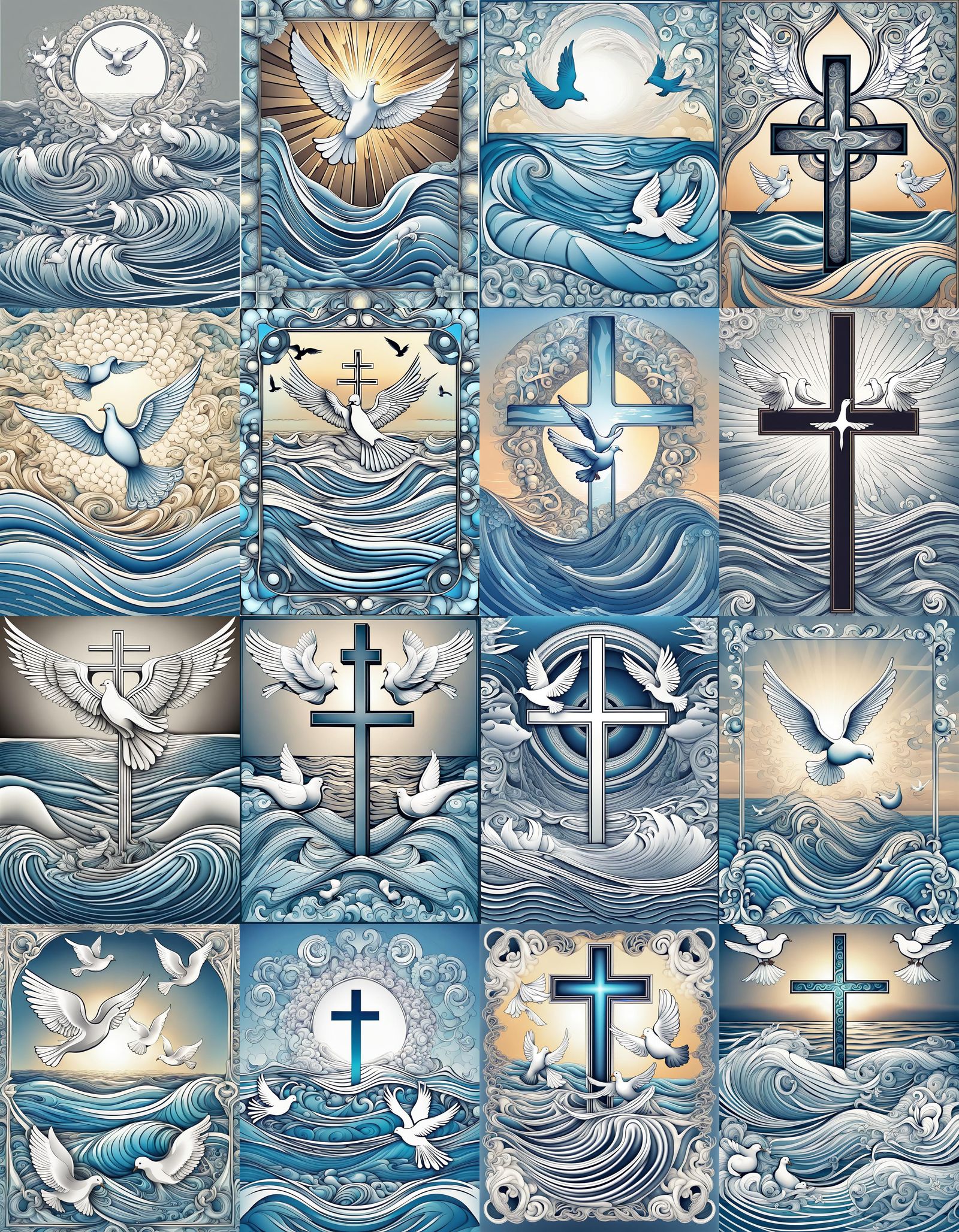 Christian Cross with Doves on Ocean: Abstract Fractal Art