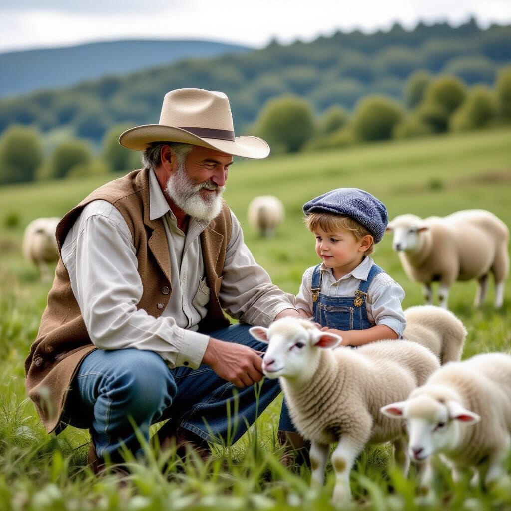 Father and Son Tending Sheep in Southern France