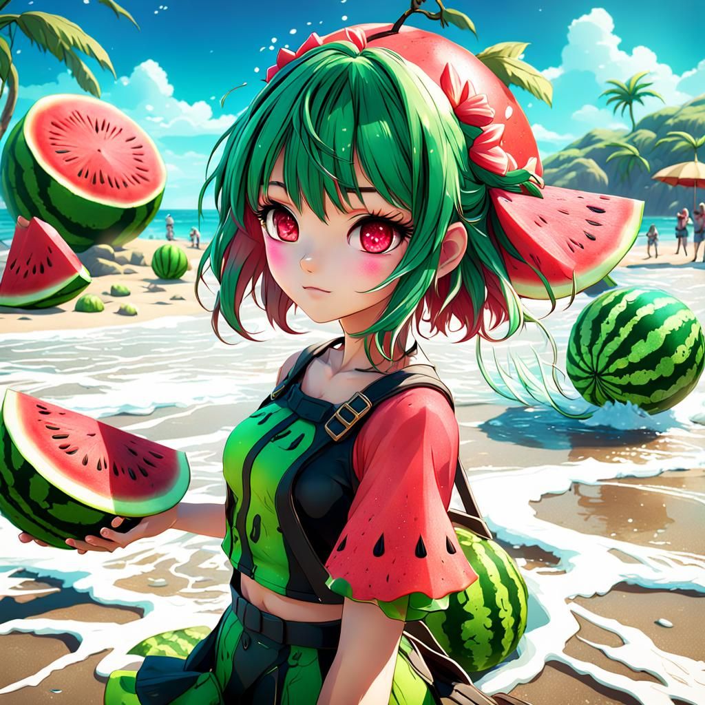 Anime Watermelon Beach Girl in Detailed Matte Painting