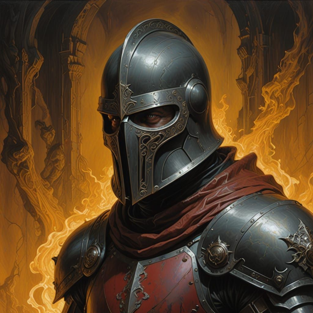 Imposing Medieval Guardsman in Crimson and Ebony Armor