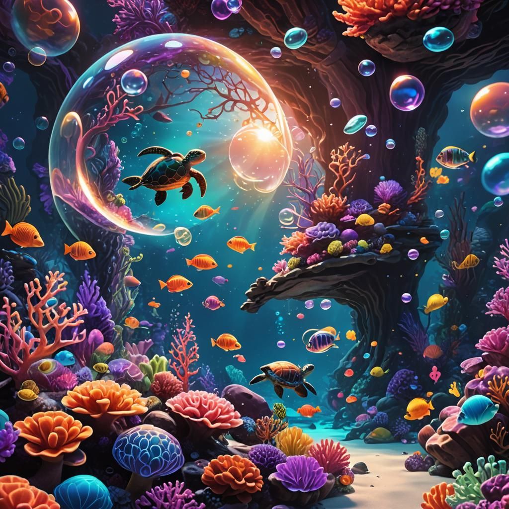 Neon Coral Reef Sea Life in Glowing Bubbles