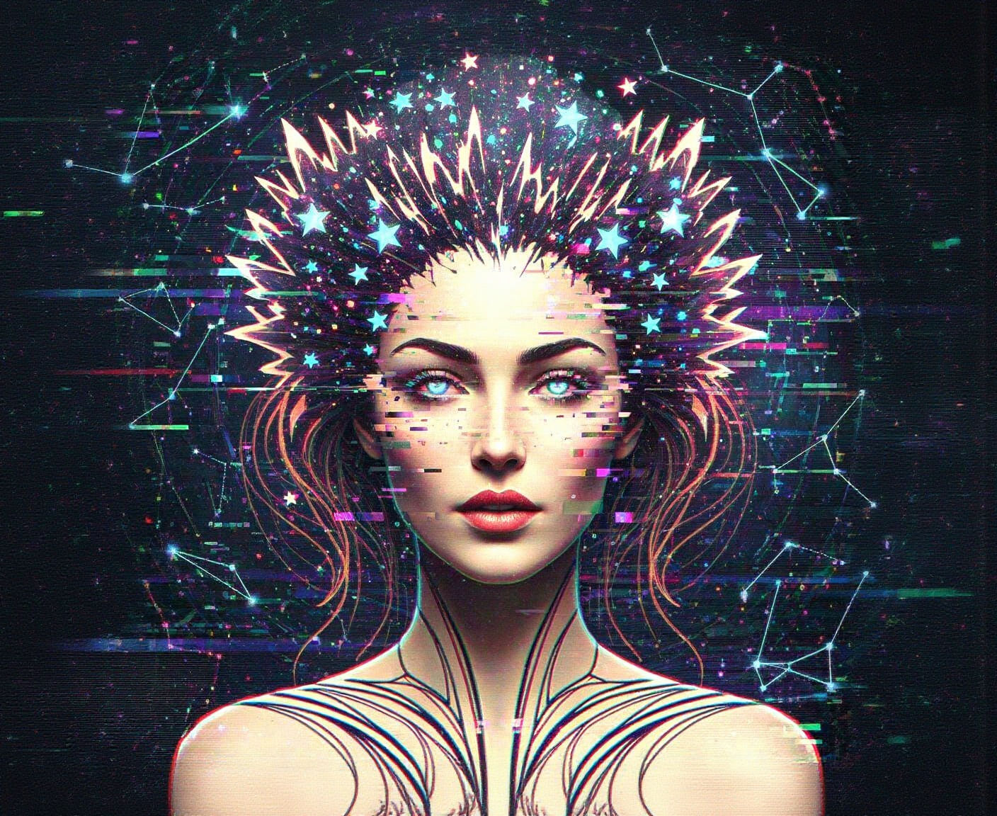 Bioluminescent Woman with Digital Glitch Art