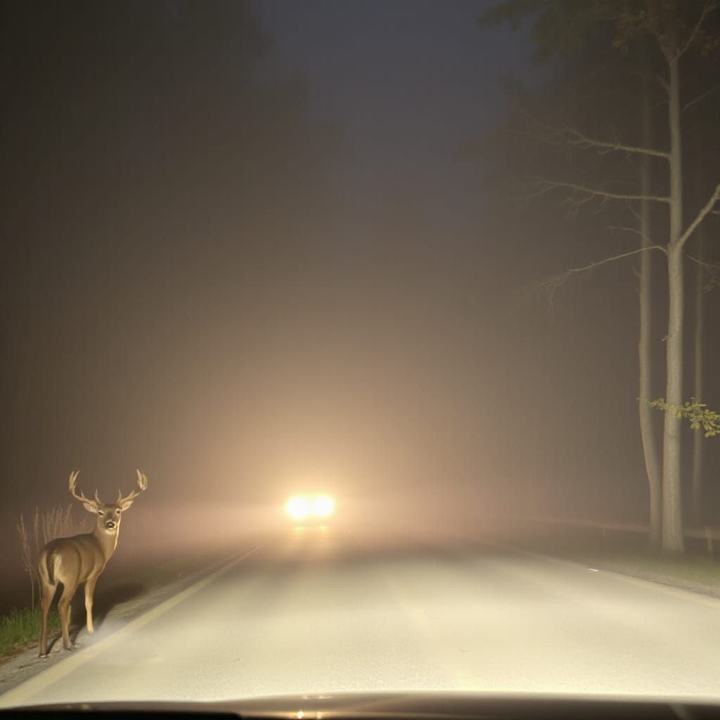Deer in Foggy Forest at Night