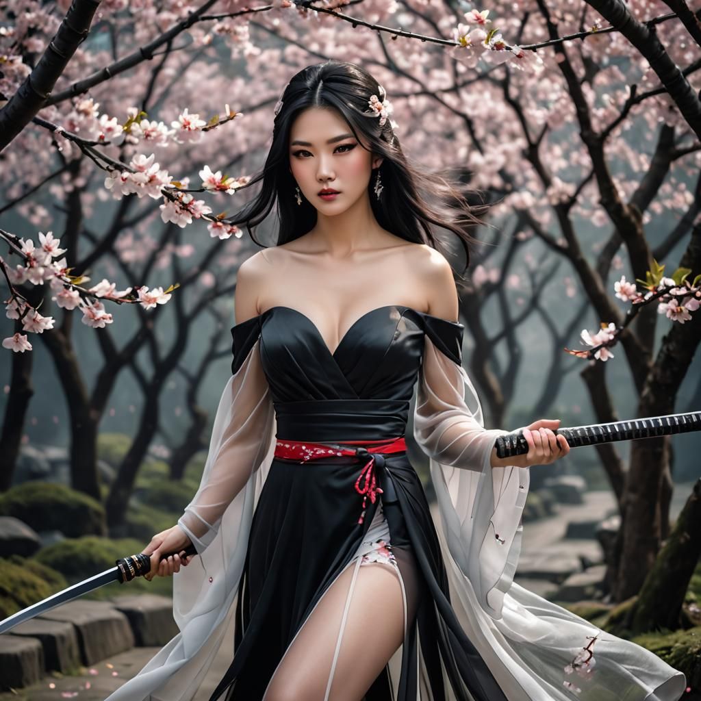 realistic image of Asian beauty, long black hair, perfect fi...