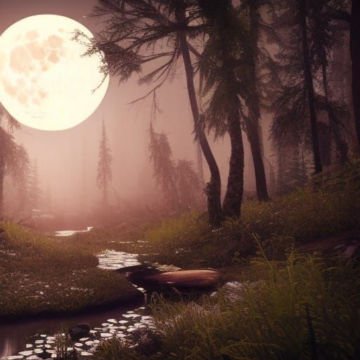 Fox in Forest Under Moonlight: Hyperrealistic Render
