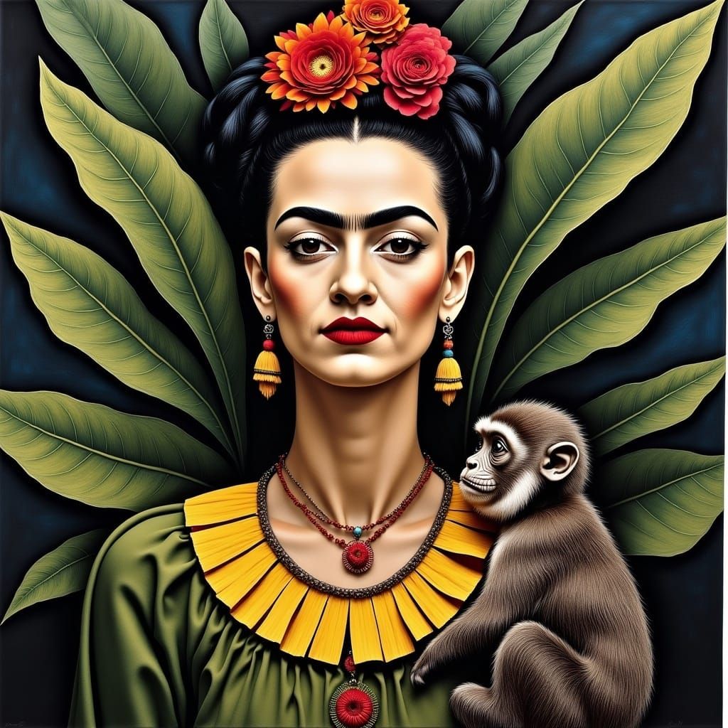 a closeup portrait of  Frida Kahlo with a monkey on her shou...