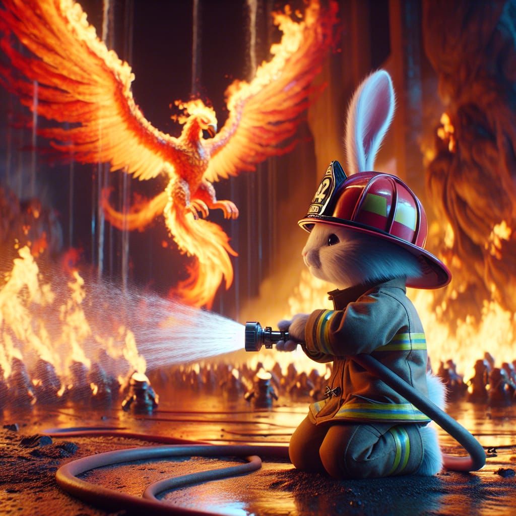 Bunny Firefighter Directs Hose at Burning Phoenix