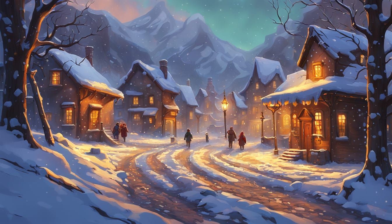 Serene Snowy Village with Warm Golden Light