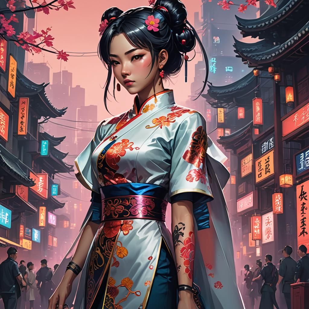 Cyberpunk Chinese Princess in Qipao: Cel-Shaded Anime Art