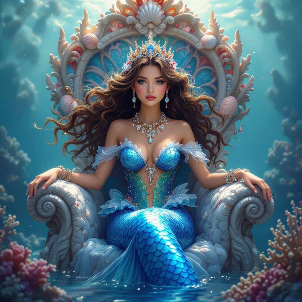 Mermaid Princess on Coral Throne in Fantasy Style