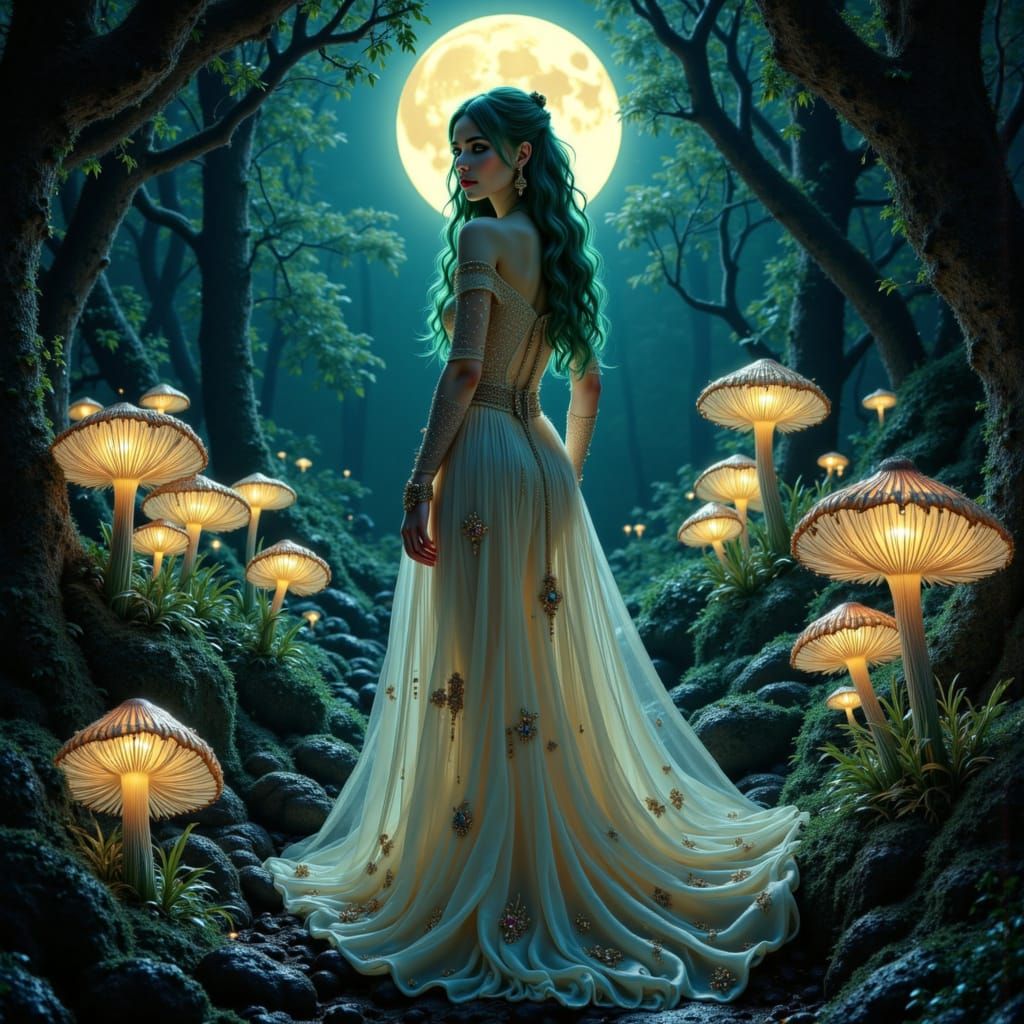 Ethereal Maiden in Bioluminescent Grotto: Art Nouveau Style
