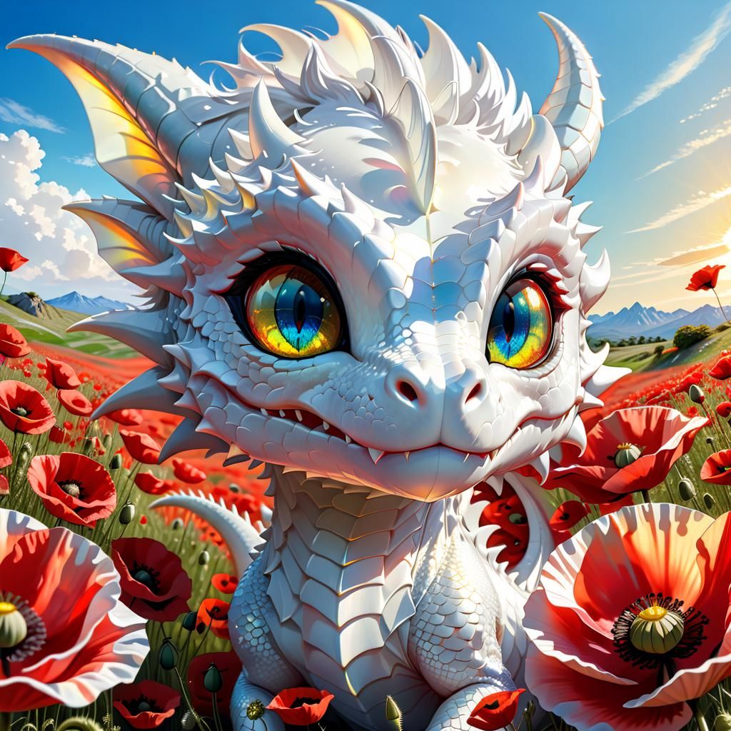 Iridescent Dragon in Poppy Field: Anime Style