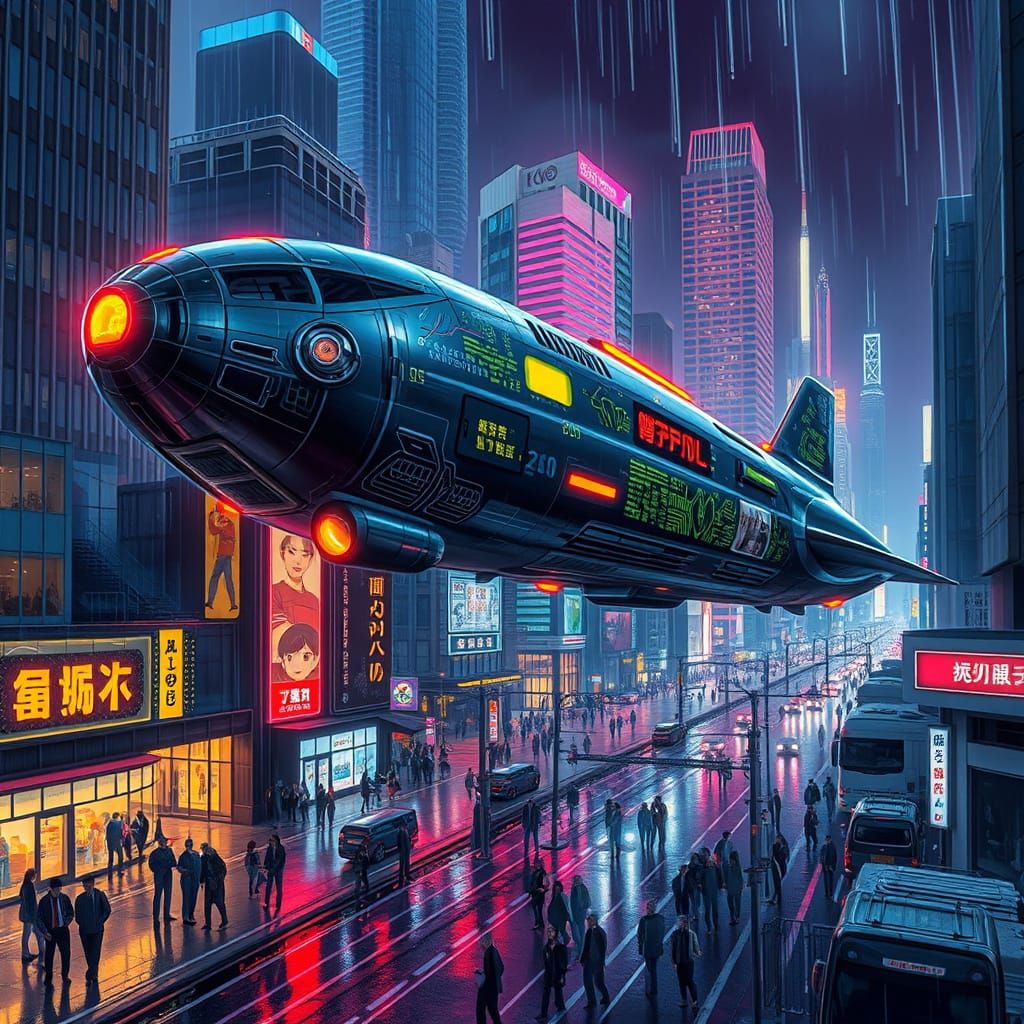 Futuristic Airship Glides Through Neon Cyberpunk City