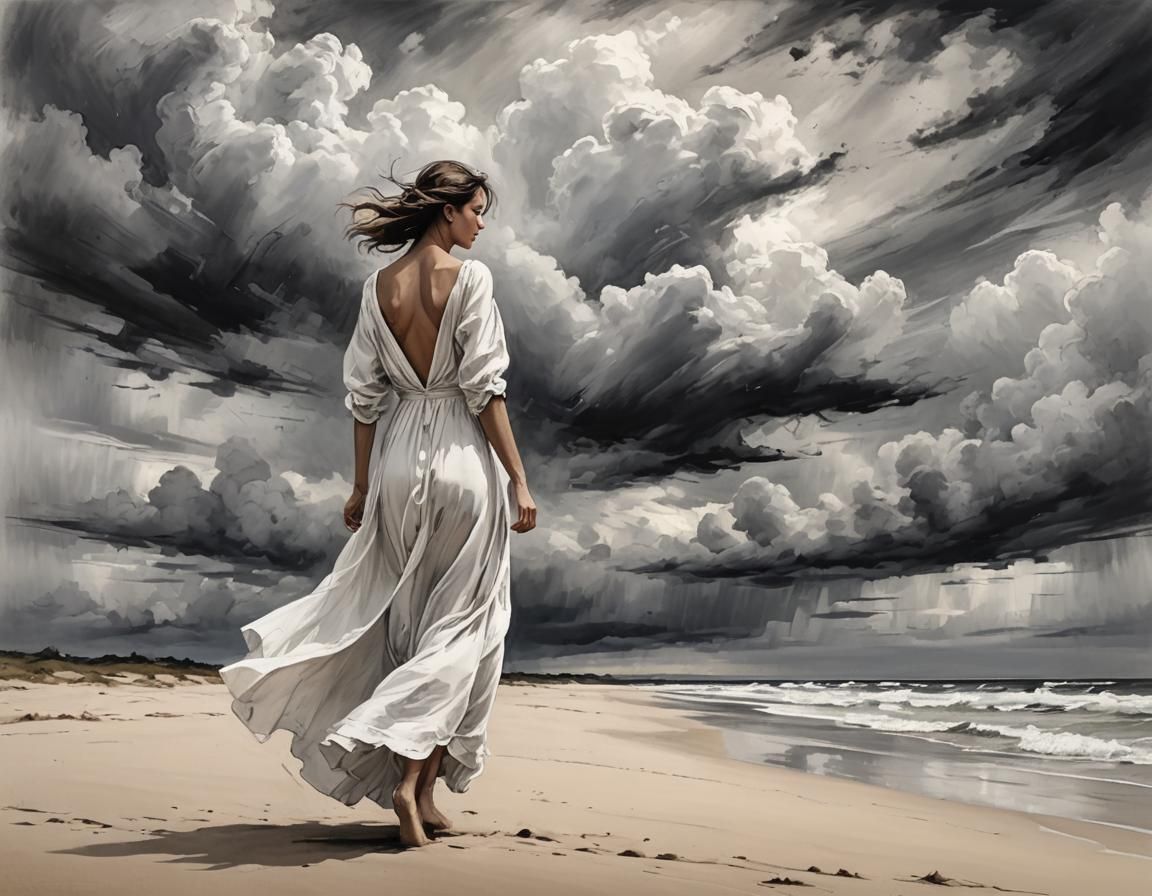 Serene Girl on Stormy Beach: Mixed Media Sketch Art