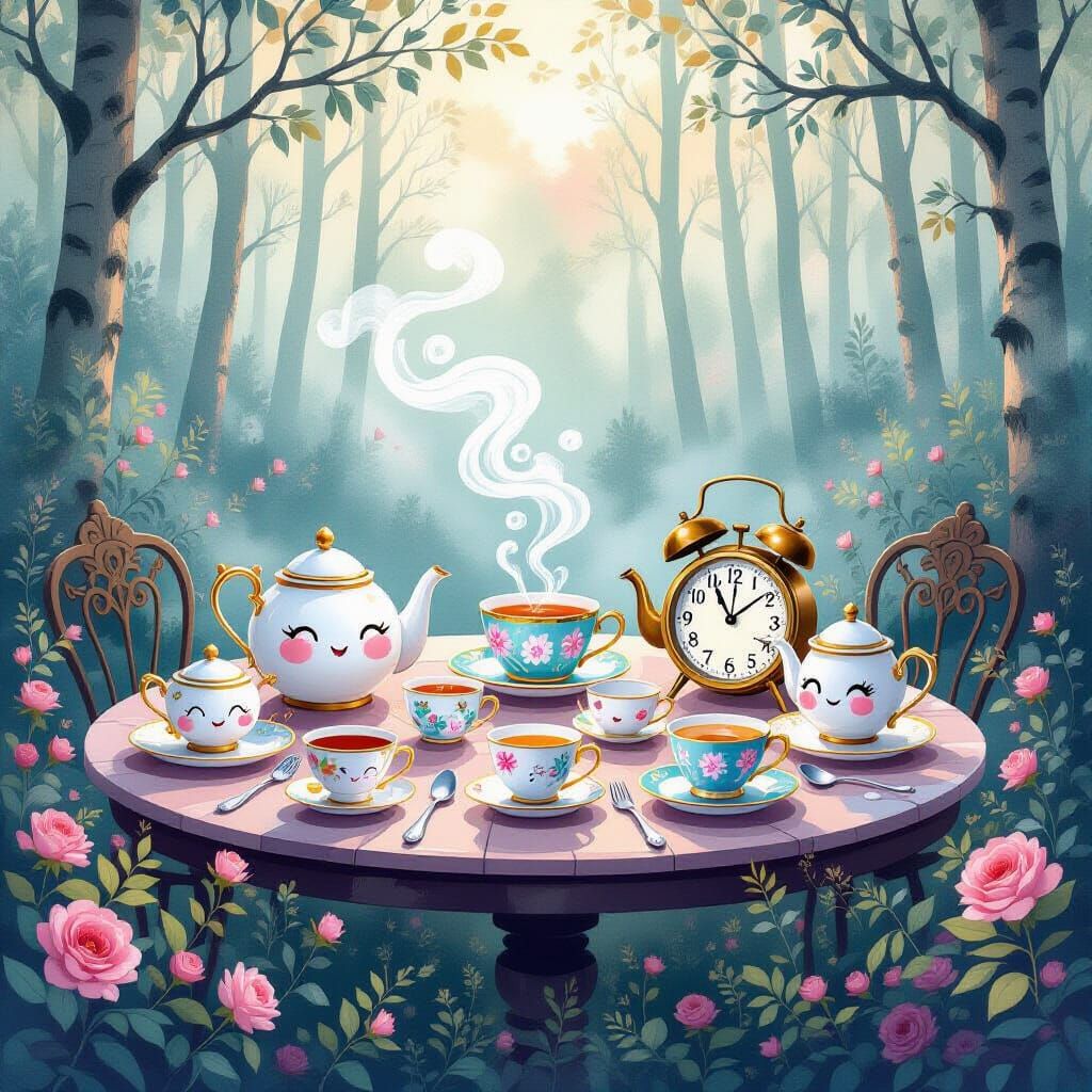 Whimsical Floating Table with Talking Teacups in Foggy Fores...