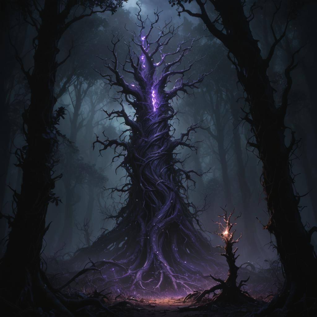 Glowing Twisted Tree in Thorny Forest, Dark Fantasy Art