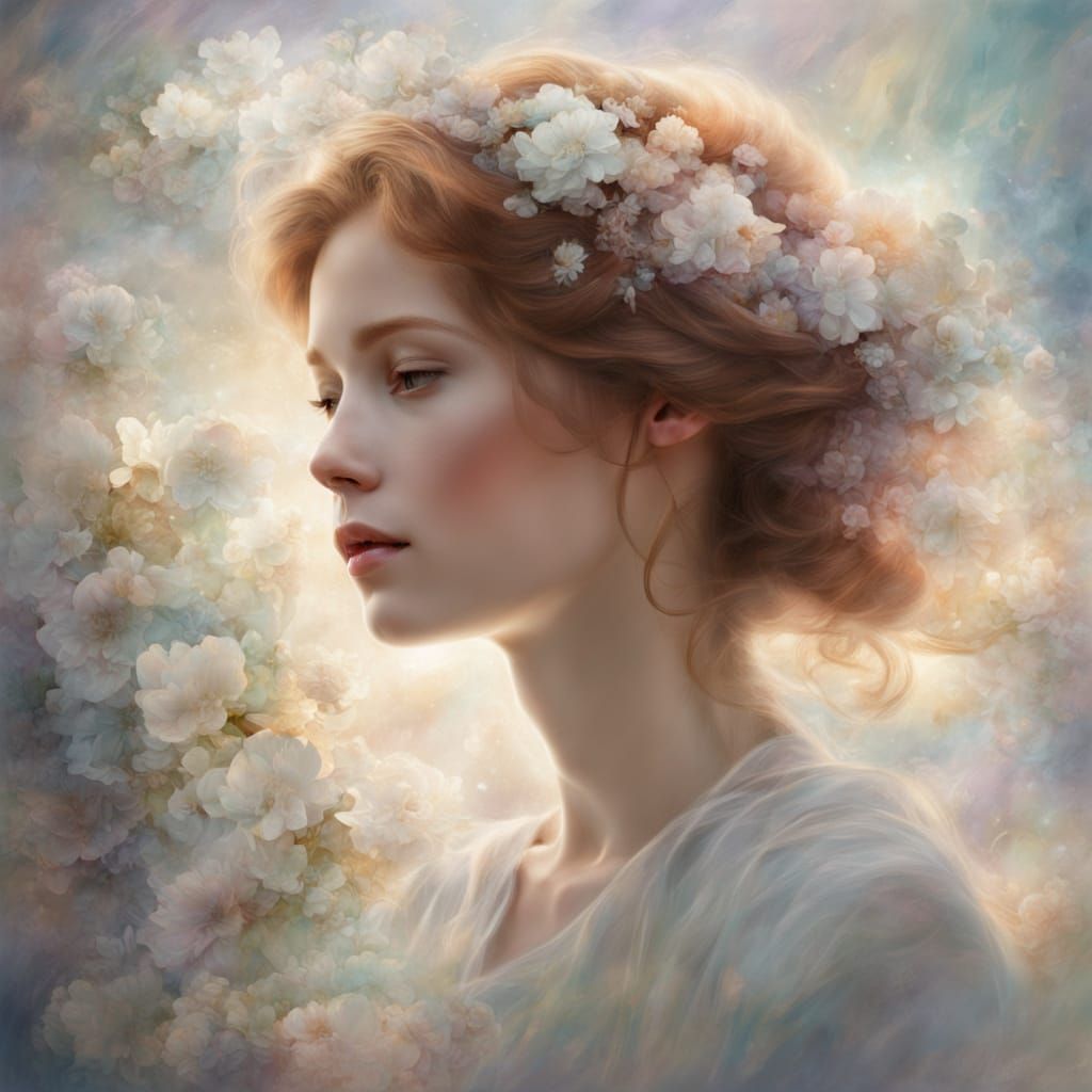 Young Woman in White Pareo with Floral Hair Accents