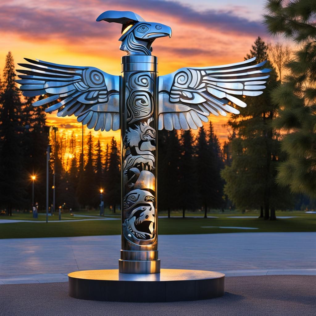 Totem Pole Sculpture at Dusk in Magic Realism