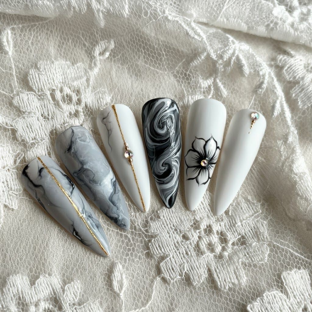 Elegant Stiletto Nails with Intricate Nail Art