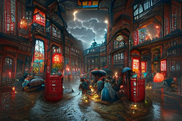 London Street Scene in Rainy Weather