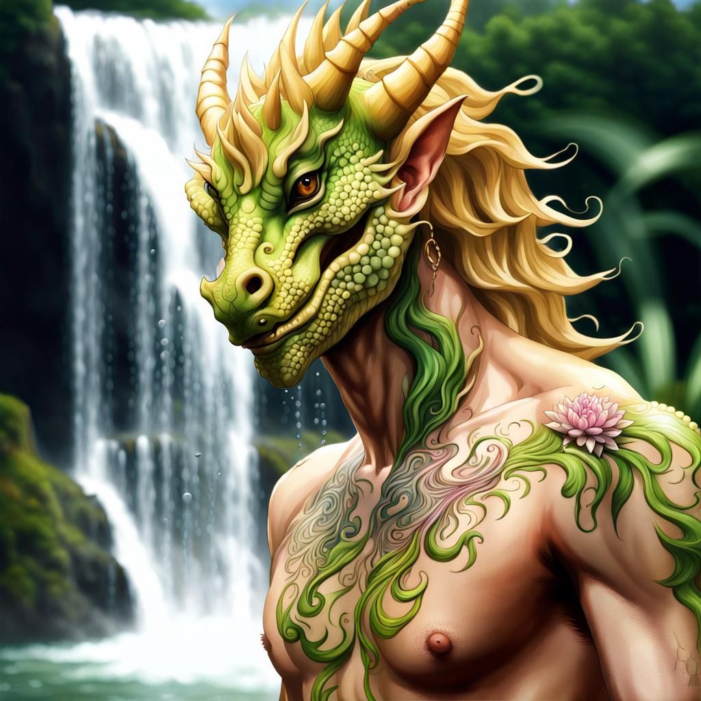 Henna Dragon-Man Under Spiral Waterfalls: Photorealistic AI ...