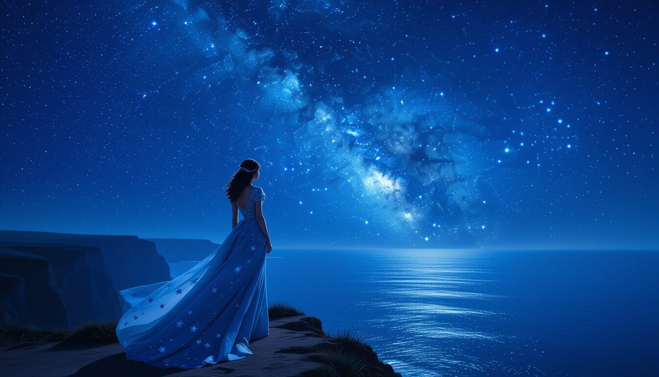 Celestial Woman Gazing at Starry Ocean