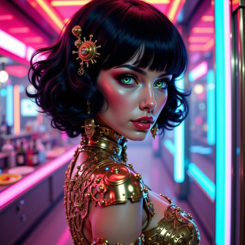Cyberpunk Robot Woman in Gold Dress