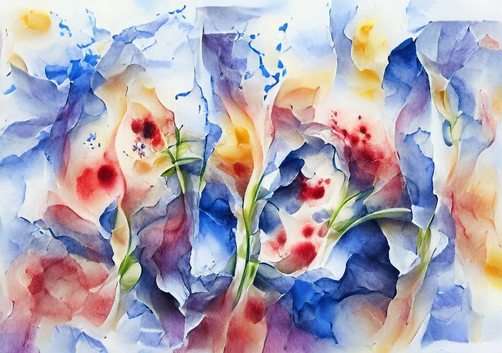Abstract Floral Watercolor Painting with Cyanotype