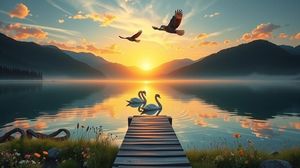 Serenity at Sunset: Majestic Lake Scene with Swans and Majes...