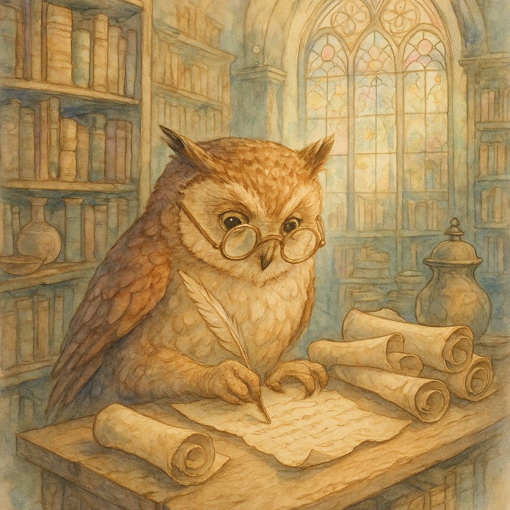 Erudite Owl Cataloging Scrolls in Watercolor Style