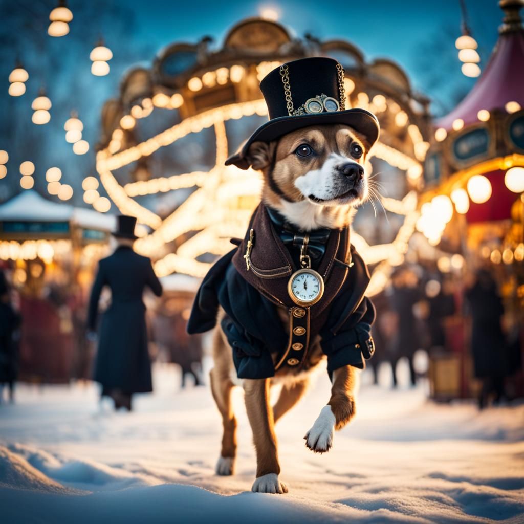 Steampunk Dog in Victorian Winter Fairground