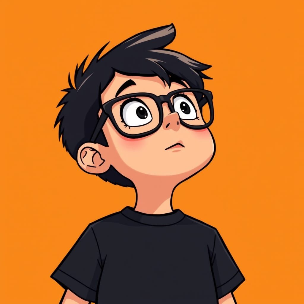 Cartoon Boy with Glasses Gazing Upwards