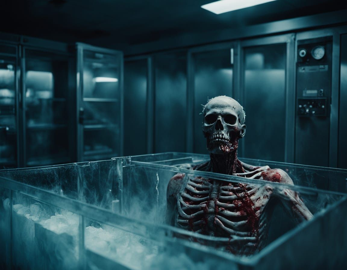 Bloody Corpse in Refrigerated Box, Cinematic Still