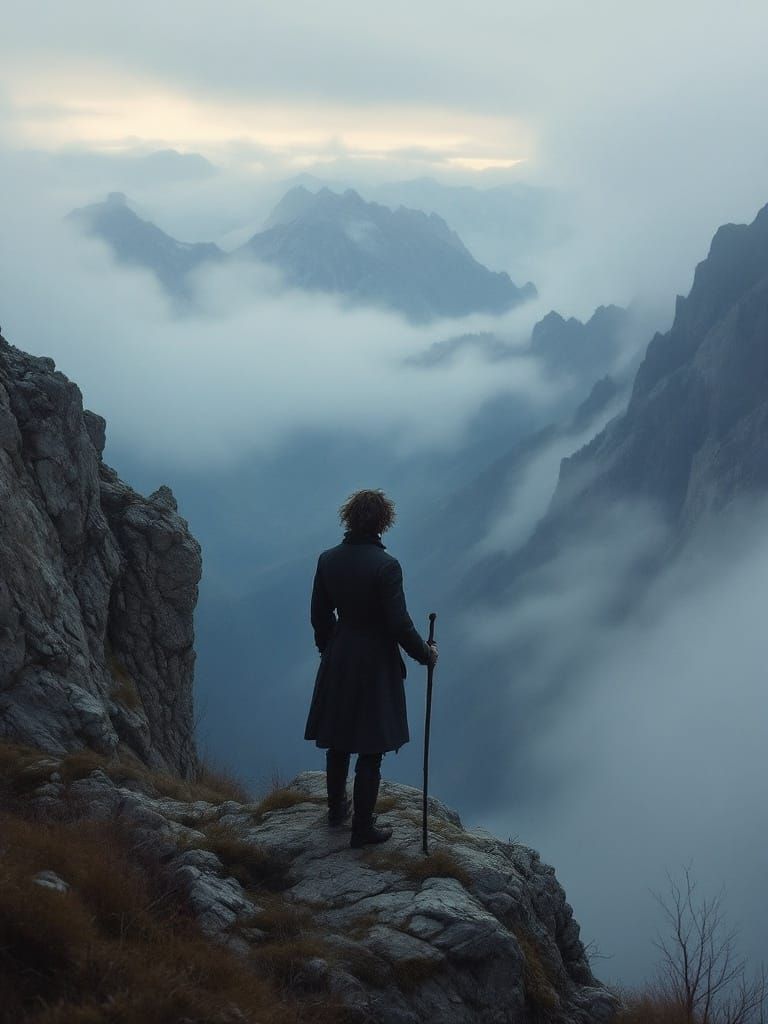 Meditative Highlander in the Veiled Peaks