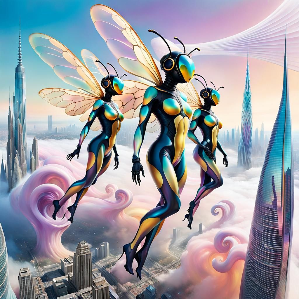 Surreal Wasp Humanoids Soaring Over Dreamlike Cityscape