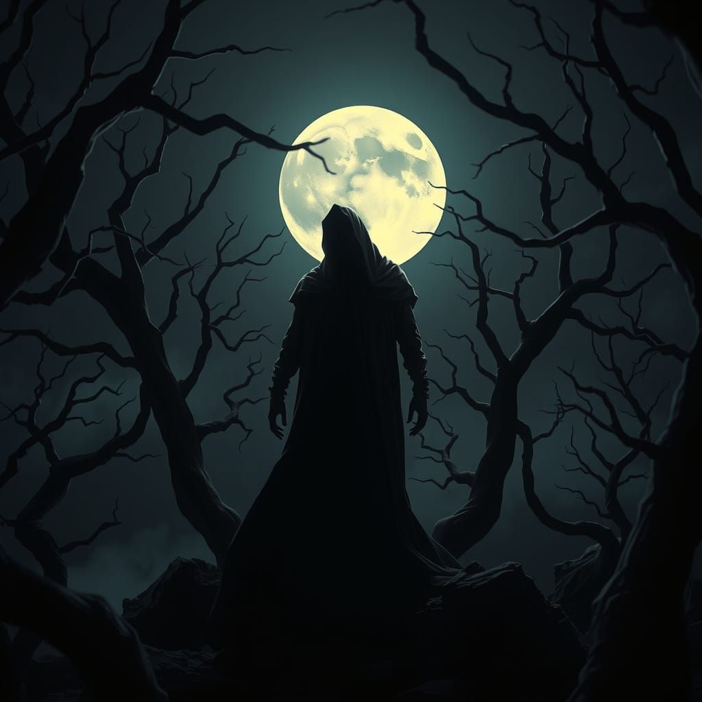 Haunting Dark Figure in Desolate, Moonlit Night