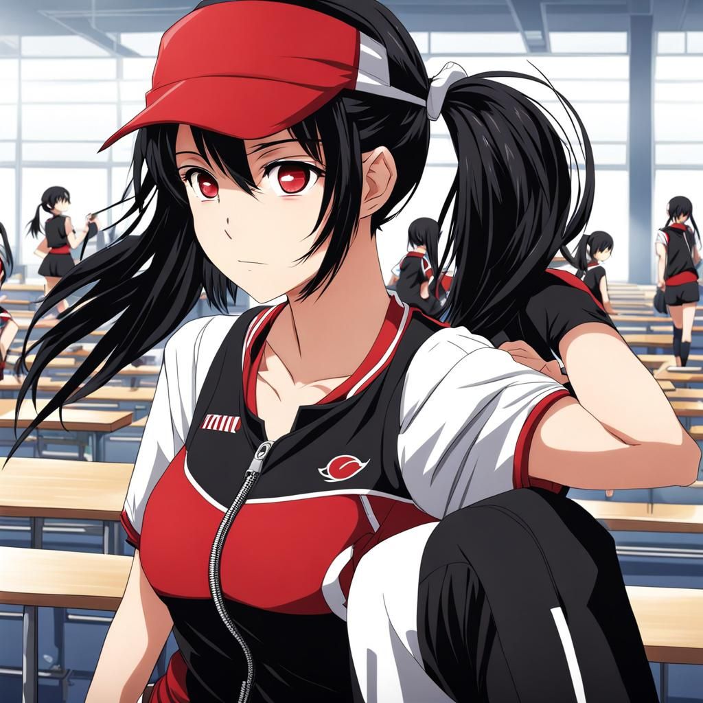 Anime School Girl with Red and Black Hair