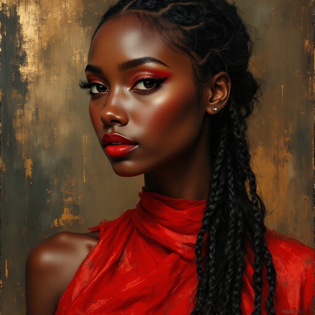 Elegant African Goddess in Red Dress, Hyperrealistic Portrai...