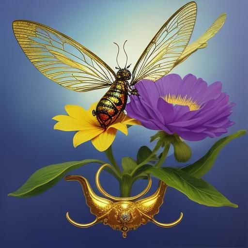 Surreal Human-Faced Insect on Blooming Flower