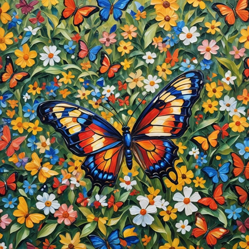 Butterfly in Lush Garden: Neo-Impressionist Oil Painting