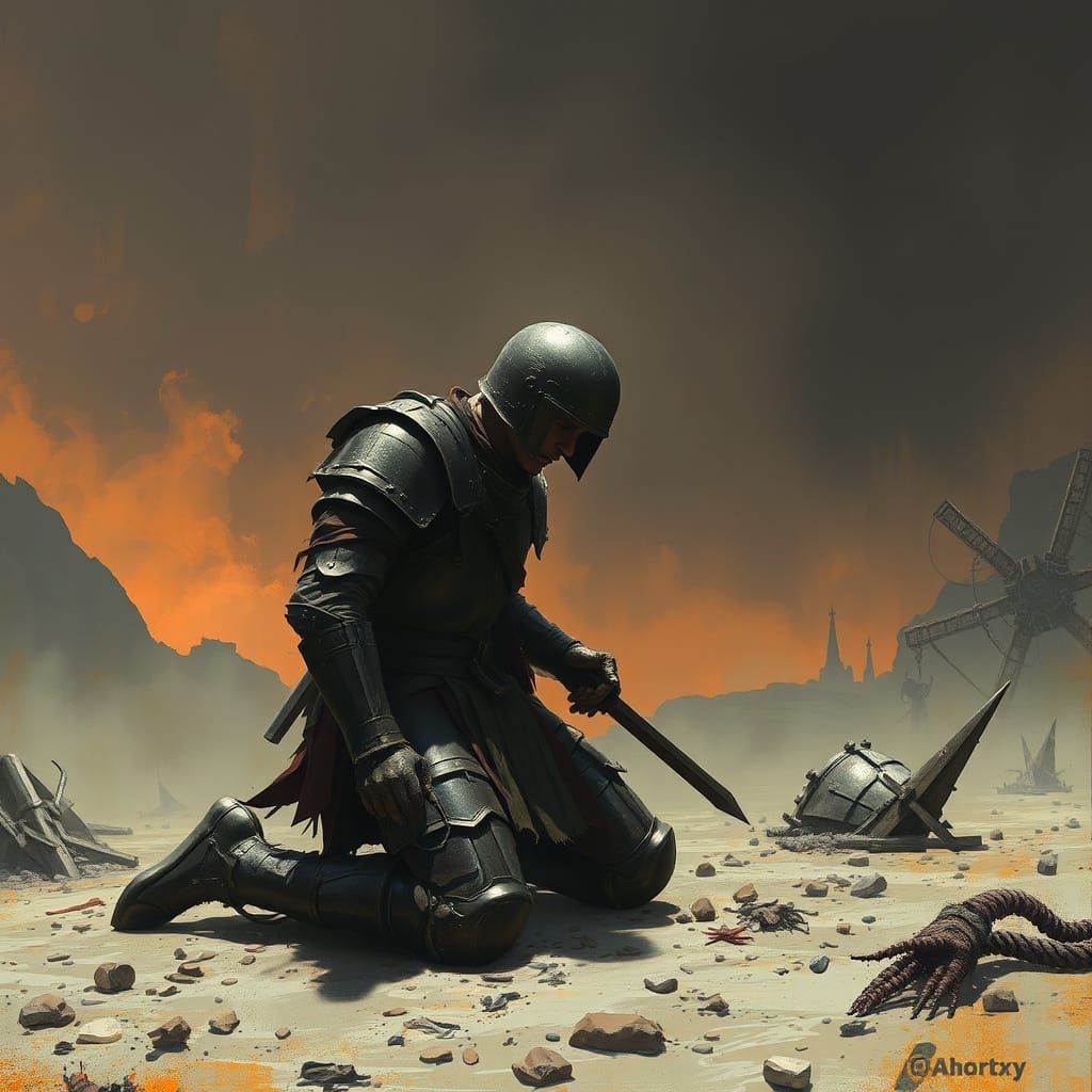 Warrior's Lament in Desolate Landscape