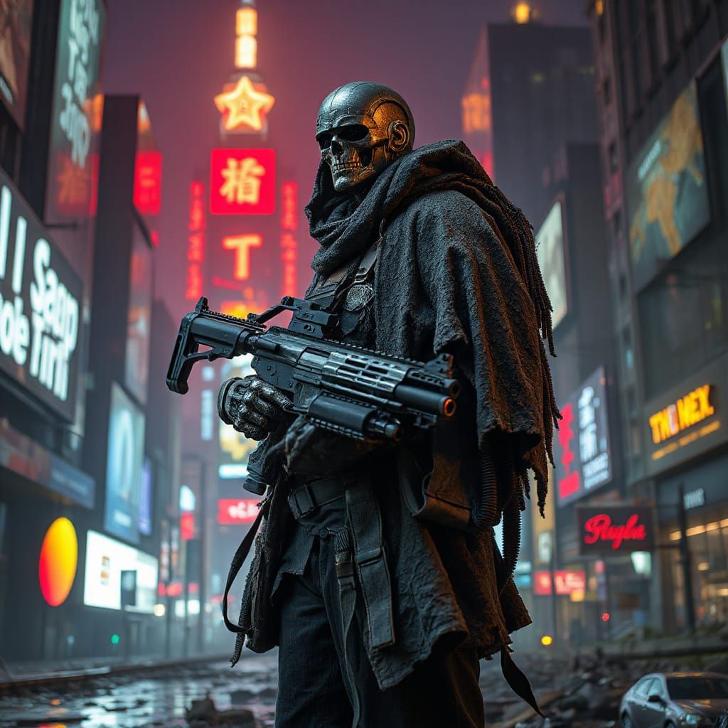 Cyborg Warrior Stands Tall in Ruined Cityscape