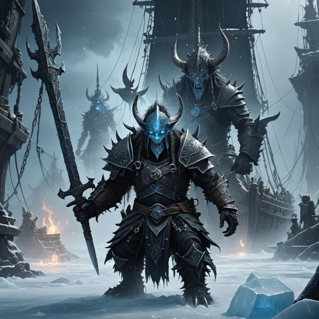 Icy Troll Warrior on Ancient Ship: Dark Fantasy Art