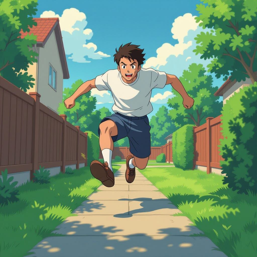 Man Leaps Across Lawn Towards Highway in Anime Style